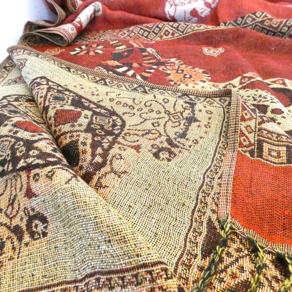 Silk Cashmere Scarf Red Brown Thailand Gold Embossed Elephants Lucky Pashmina NW - Picture 6 of 7